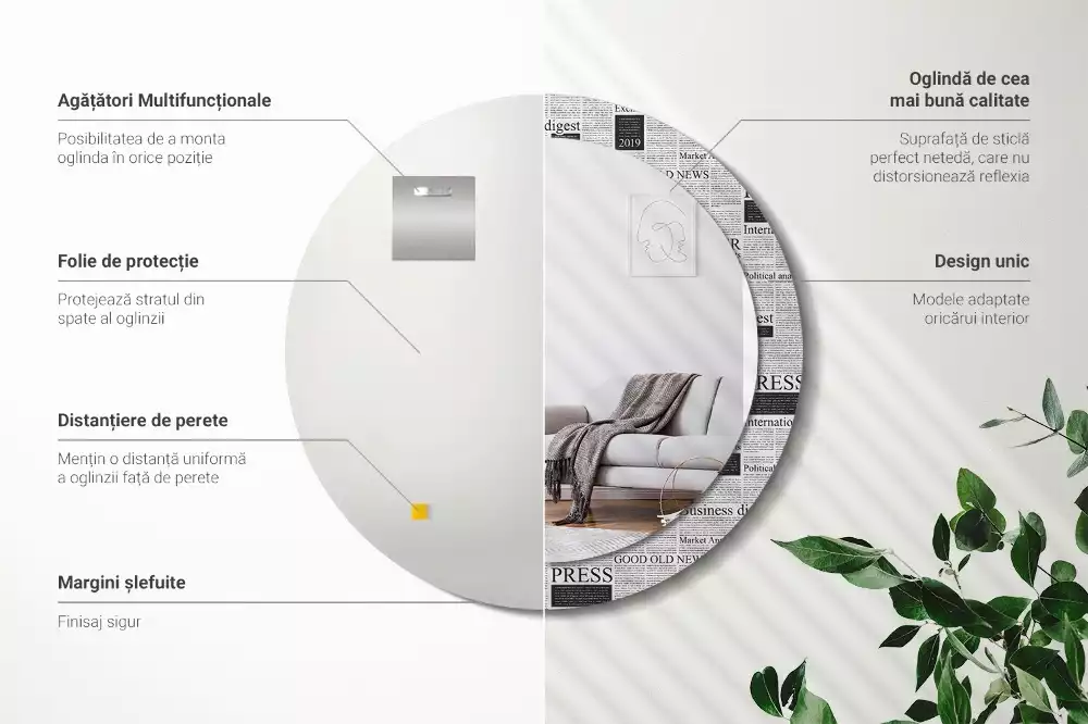 Oglindă rotundă ramă cu imprimeu Ziare