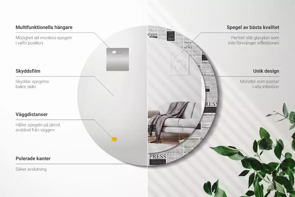 Oglindă rotundă ramă cu imprimeu Ziare