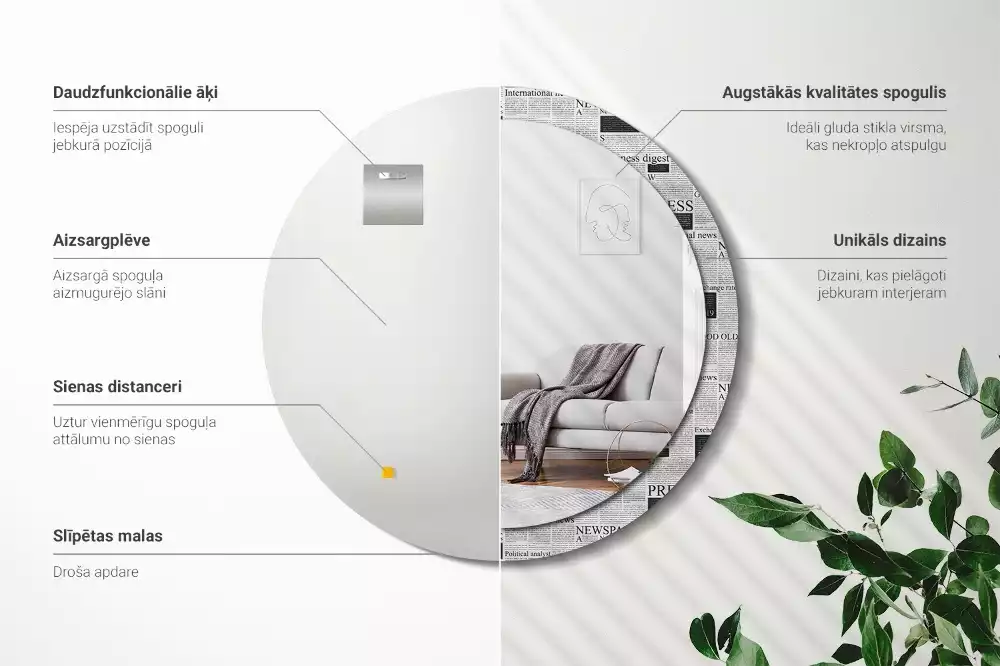 Oglindă rotundă ramă cu imprimeu Ziare