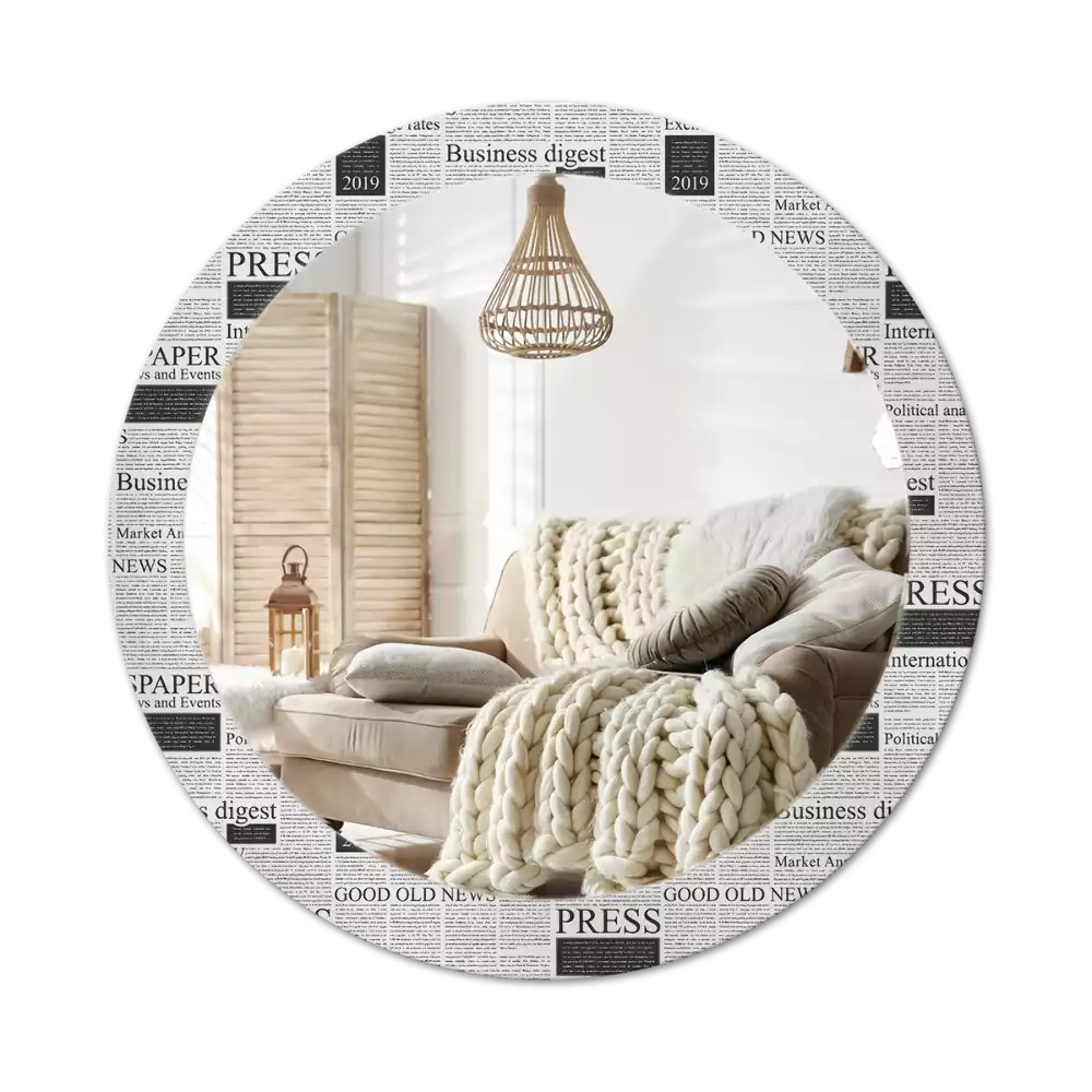 Oglindă rotundă ramă cu imprimeu Ziare