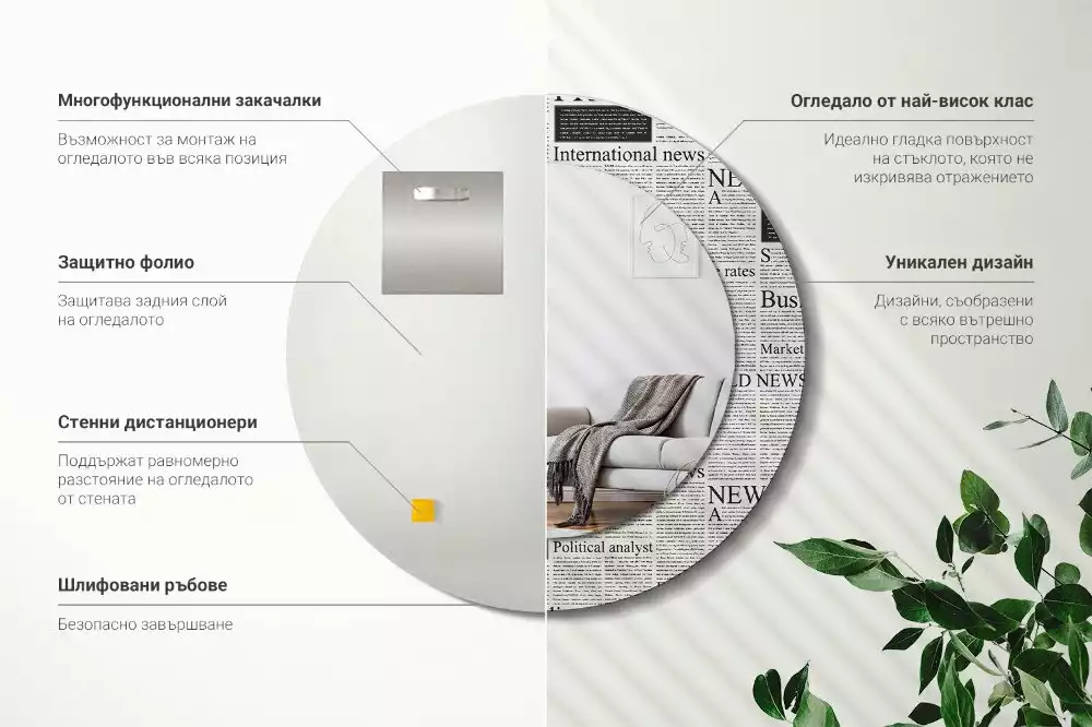 Oglindă rotundă ramă cu imprimeu Ziare