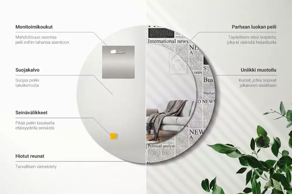 Oglindă rotundă ramă cu imprimeu Ziare