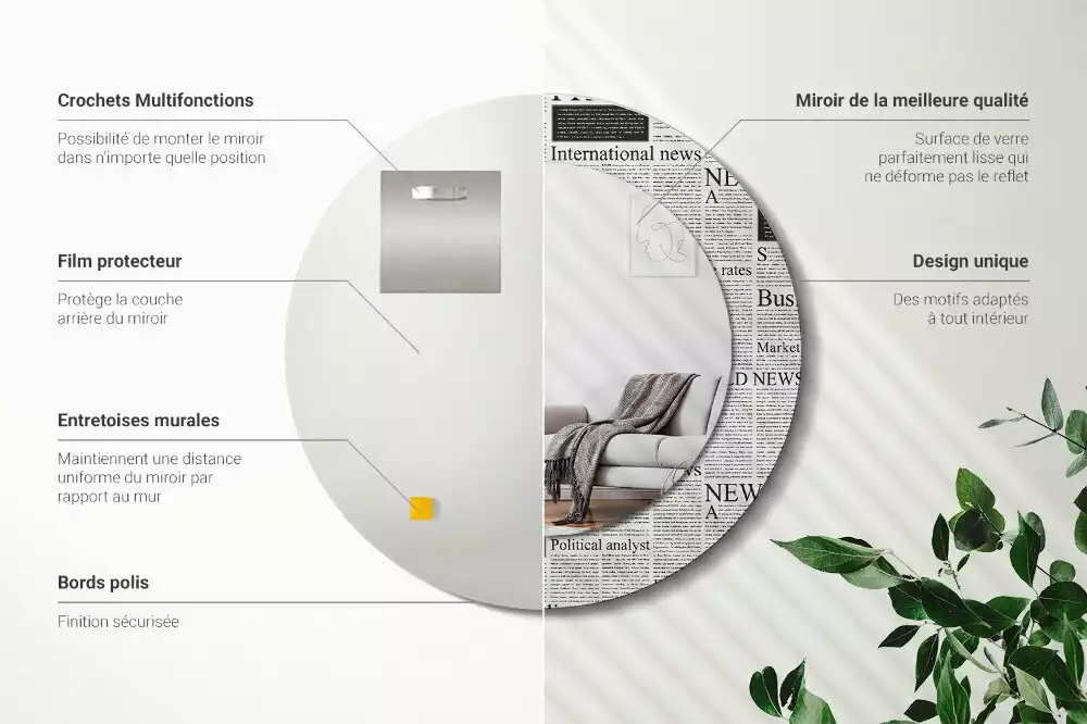 Oglindă rotundă ramă cu imprimeu Ziare