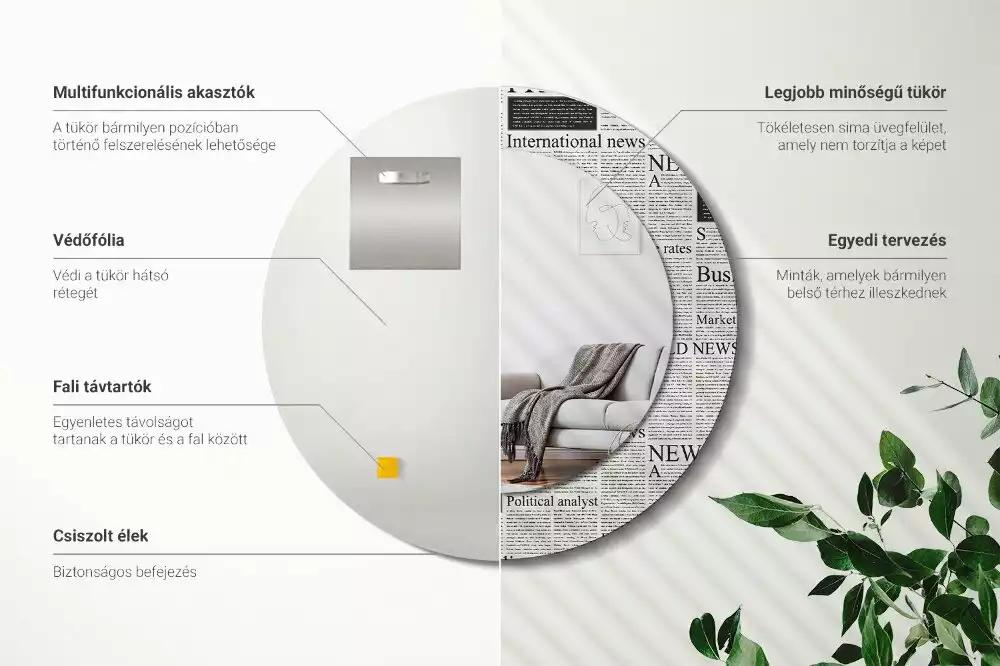 Oglindă rotundă ramă cu imprimeu Ziare