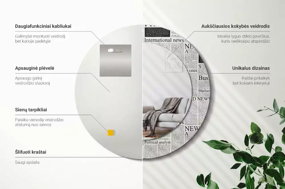 Oglindă rotundă ramă cu imprimeu Ziare