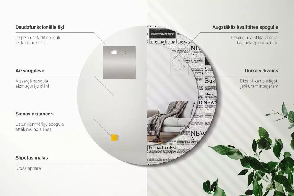 Oglindă rotundă ramă cu imprimeu Ziare