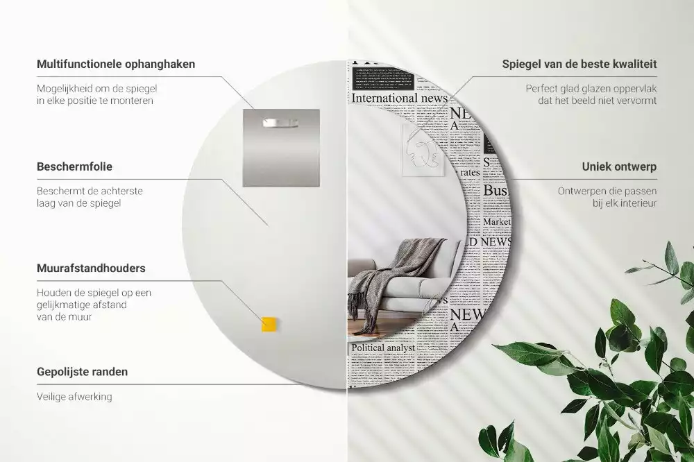 Oglindă rotundă ramă cu imprimeu Ziare