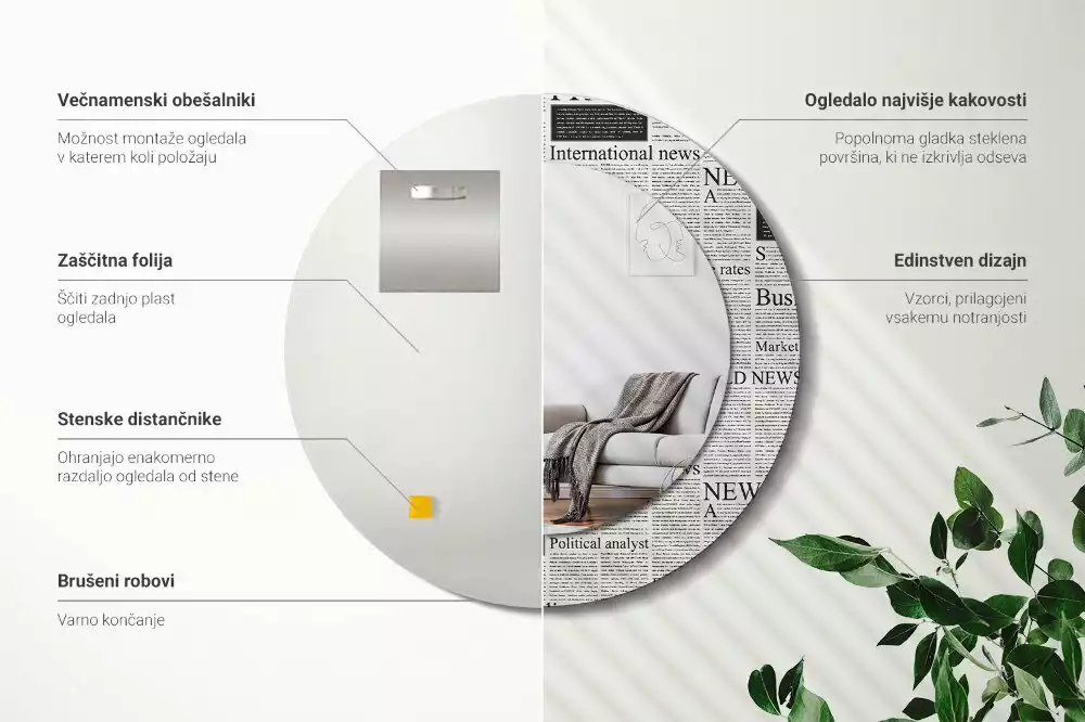 Oglindă rotundă ramă cu imprimeu Ziare