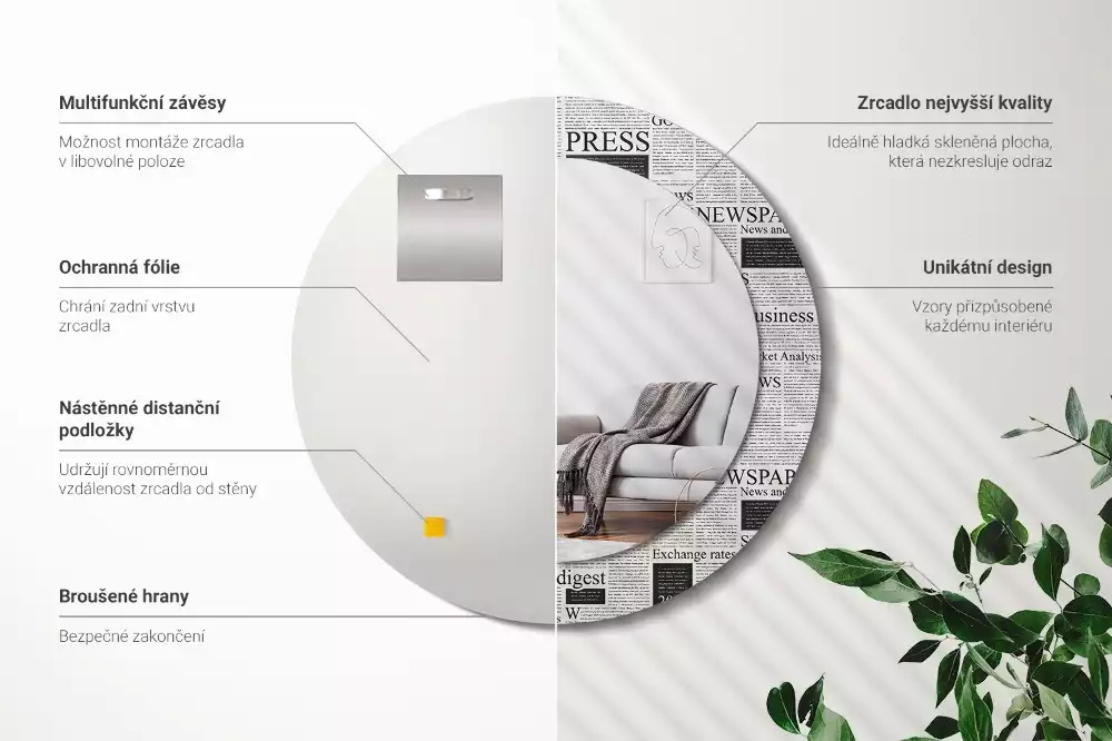 Oglindă rotundă ramă cu imprimeu Ziare