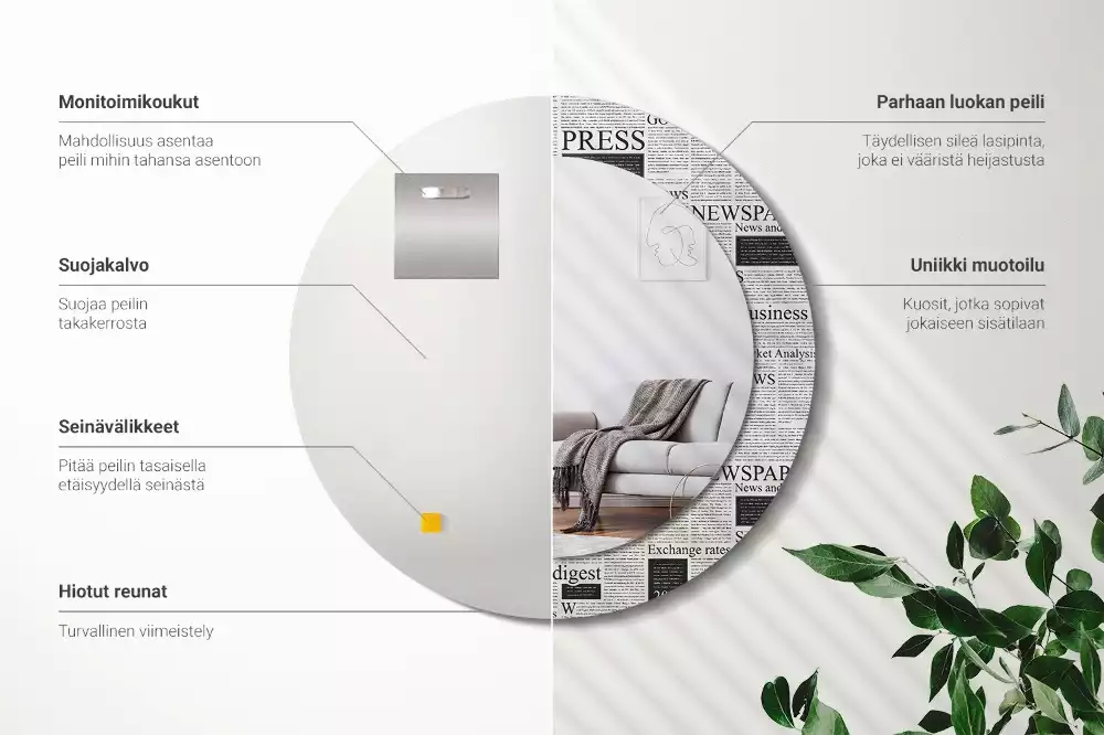 Oglindă rotundă ramă cu imprimeu Ziare