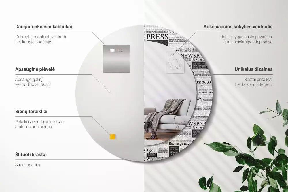 Oglindă rotundă ramă cu imprimeu Ziare