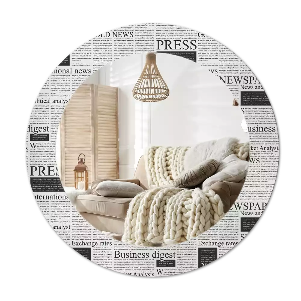 Oglindă rotundă ramă cu imprimeu Ziare