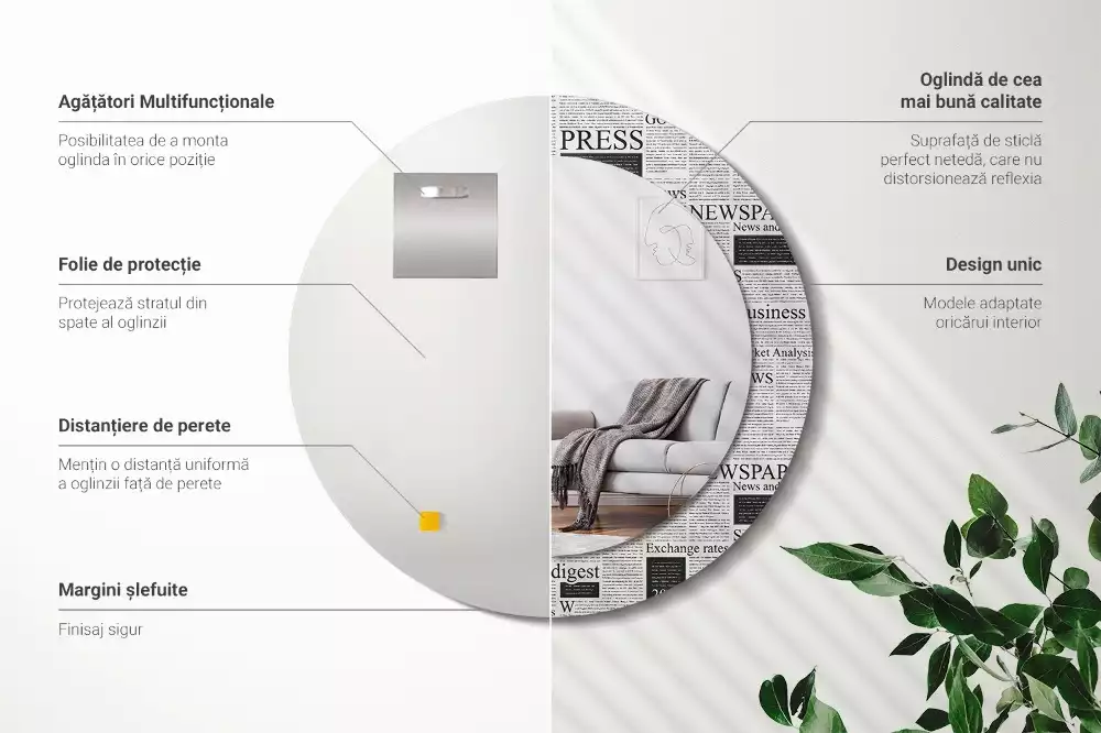 Oglindă rotundă ramă cu imprimeu Ziare