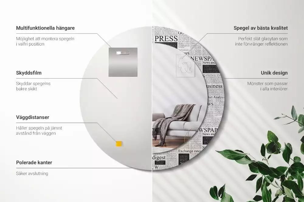 Oglindă rotundă ramă cu imprimeu Ziare