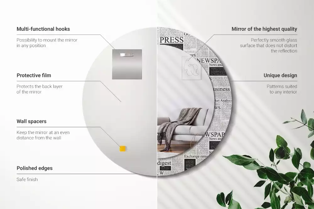 Oglindă rotundă ramă cu imprimeu Ziare