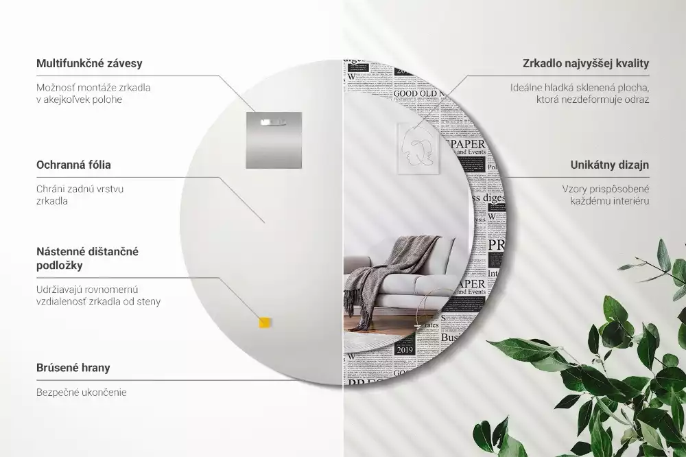 Oglindă rotundă ramă cu imprimeu Ziare