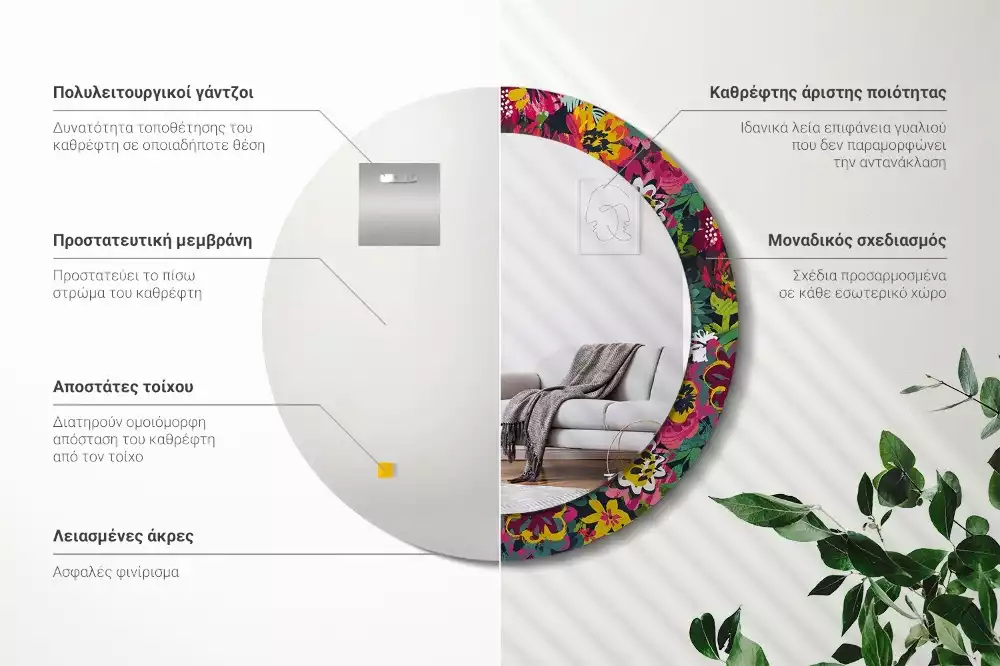 Oglindă rotundă ramă cu imprimeu Flori pictate