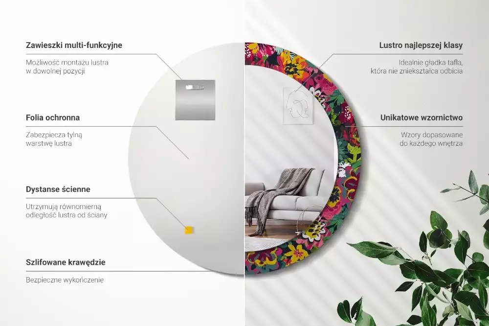 Oglindă rotundă ramă cu imprimeu Flori pictate