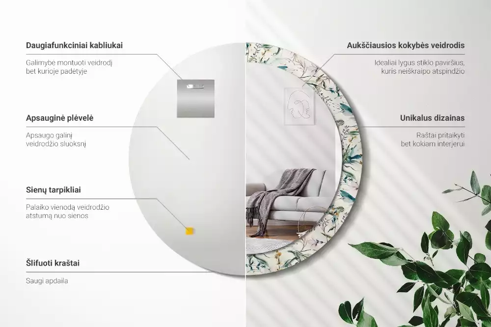 Oglindă cu decor rotundă Flori acuarelă