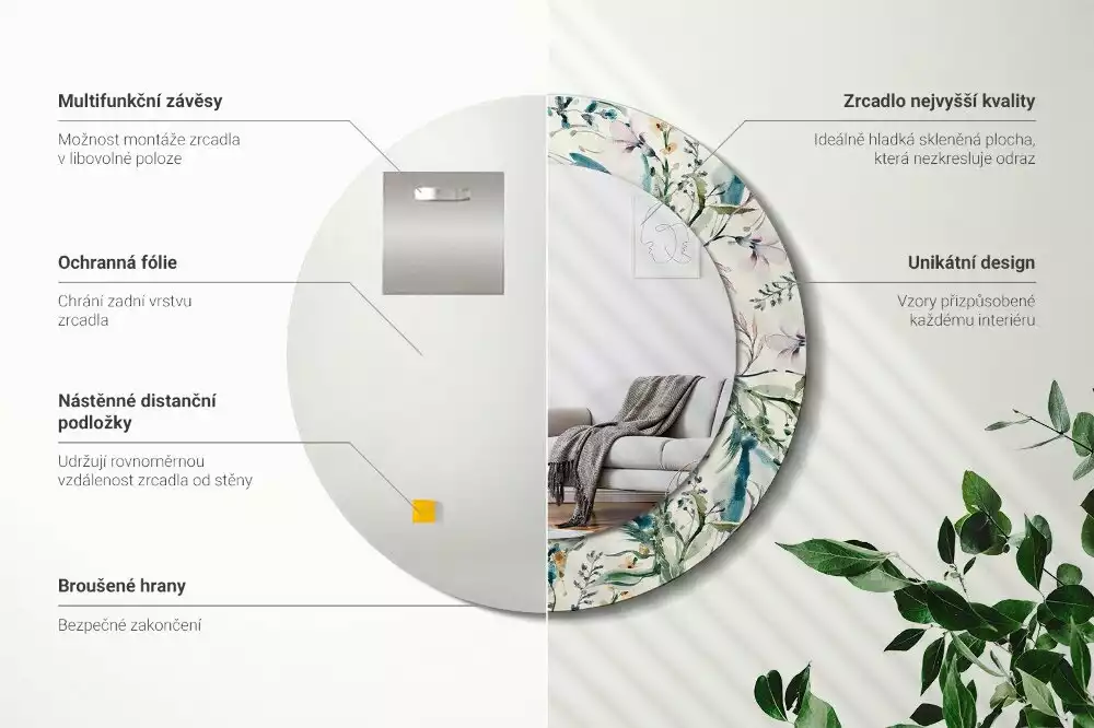 Oglindă cu decor rotundă Flori acuarelă