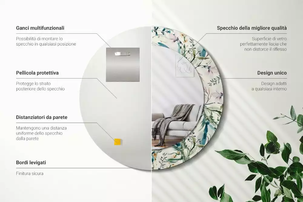 Oglindă cu decor rotundă Flori acuarelă