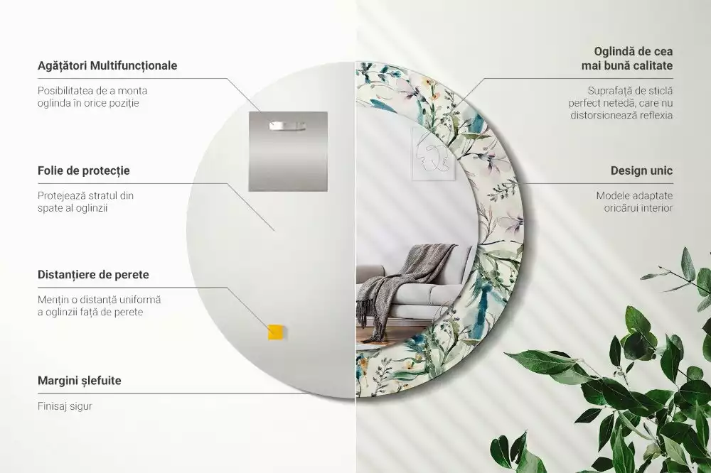 Oglindă cu decor rotundă Flori acuarelă