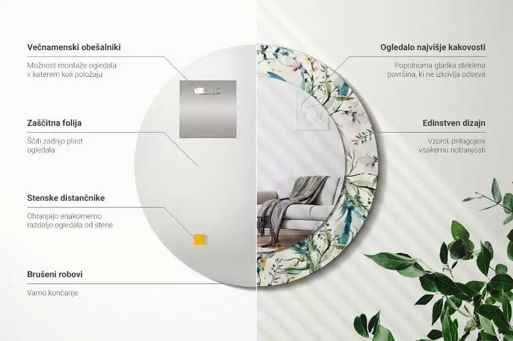 Oglindă cu decor rotundă Flori acuarelă