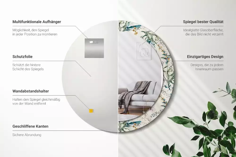 Oglindă cu decor rotundă Flori acuarelă