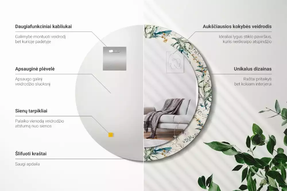 Oglindă cu decor rotundă Flori acuarelă