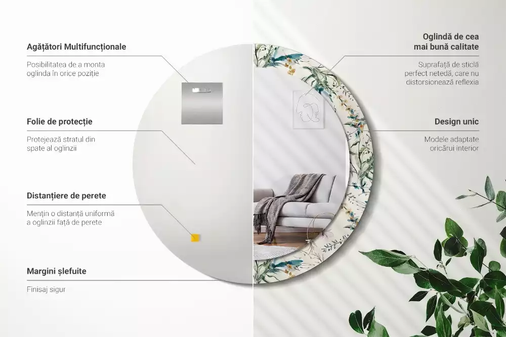 Oglindă cu decor rotundă Flori acuarelă