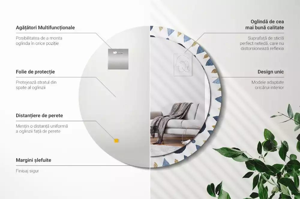 Oglindă rotundă ramă cu imprimeu Mandala lunară