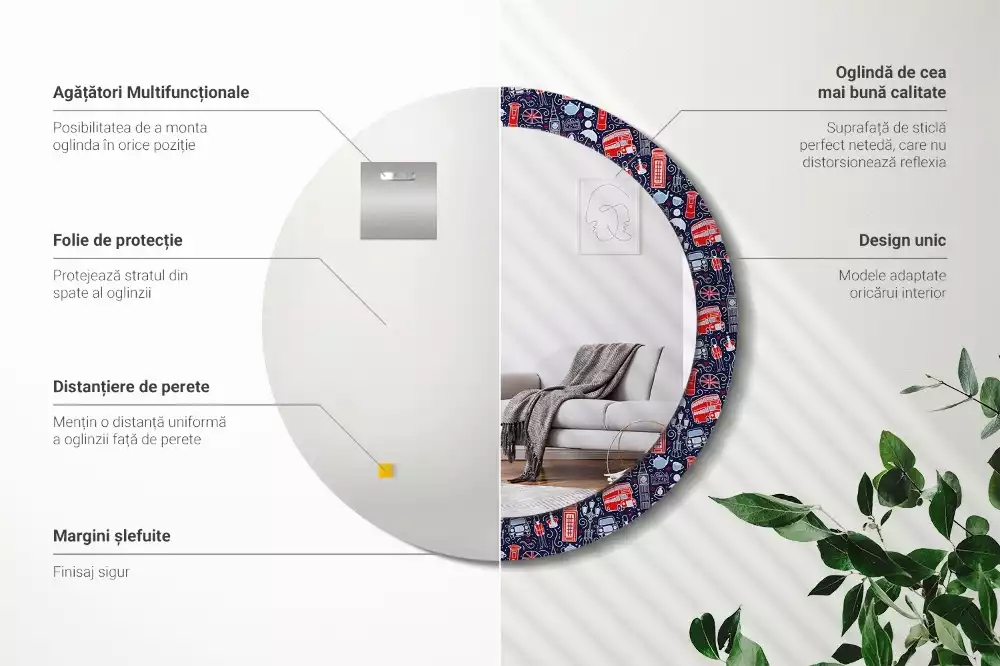 Oglindă rotundă ramă cu imprimeu Londra