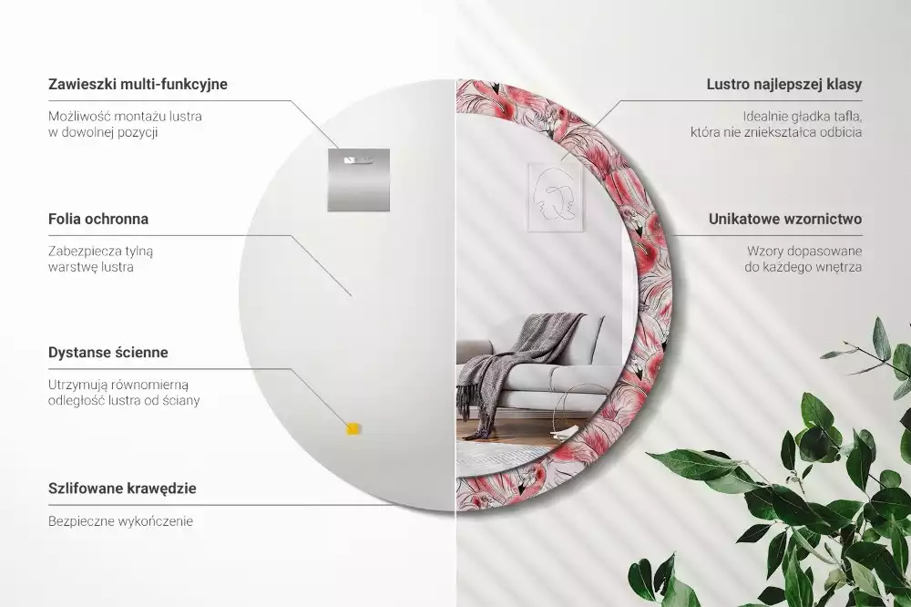 Oglindă rotundă imprimată Flamingo