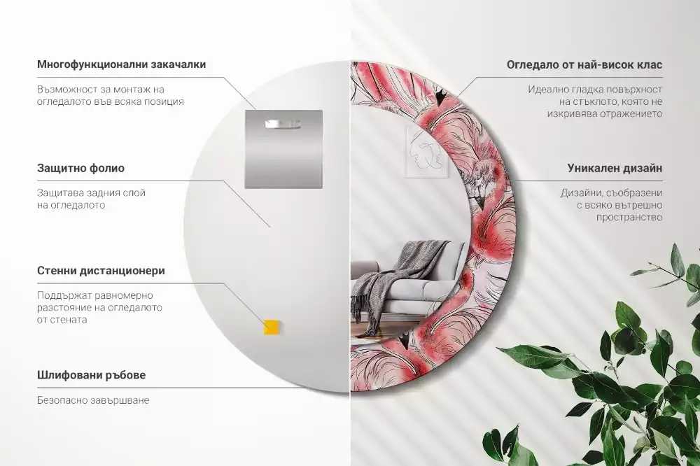 Oglindă rotundă imprimată Flamingo