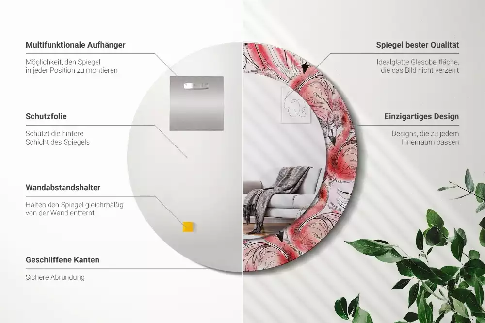 Oglindă rotundă imprimată Flamingo