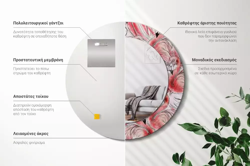 Oglindă rotundă imprimată Flamingo