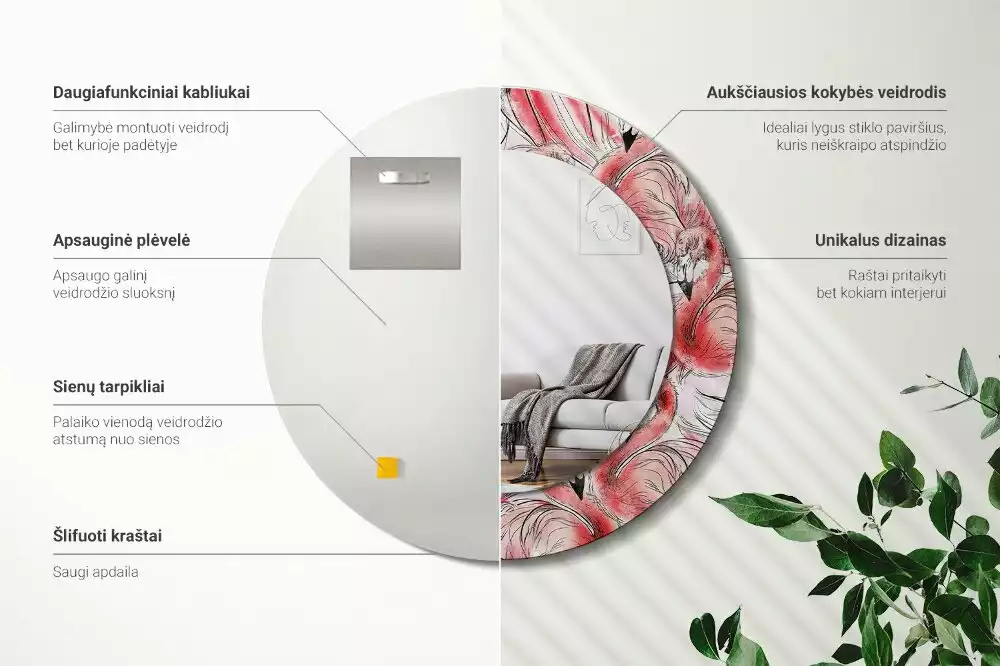 Oglindă rotundă imprimată Flamingo