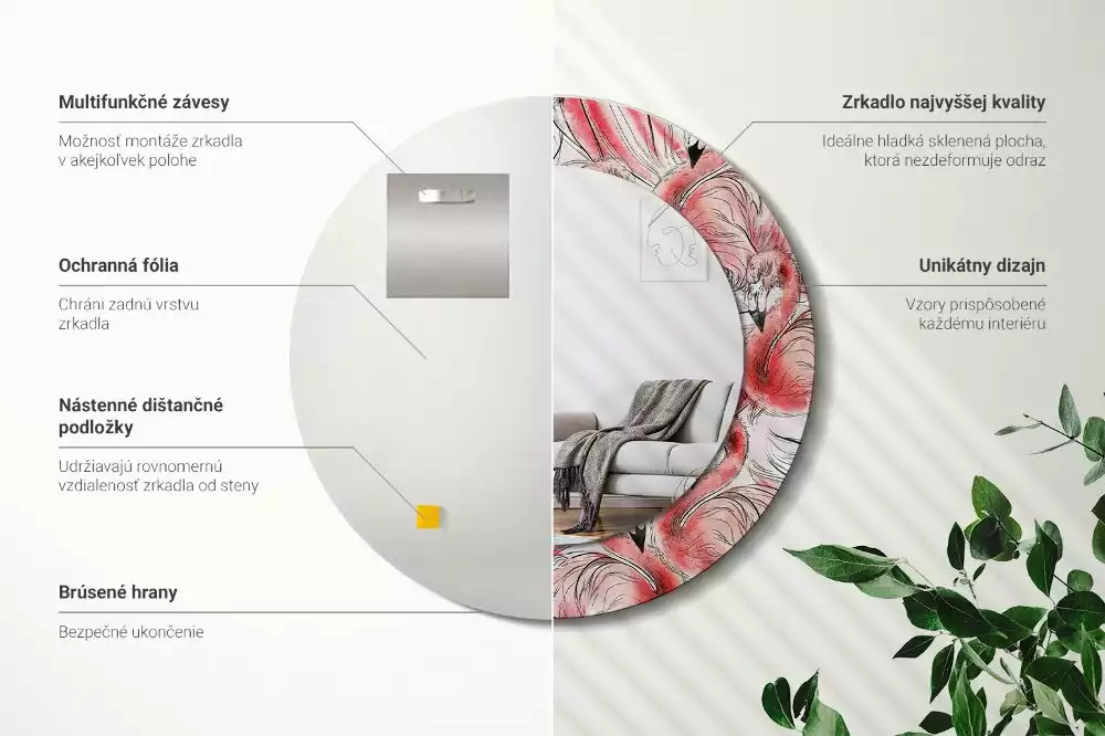 Oglindă rotundă imprimată Flamingo