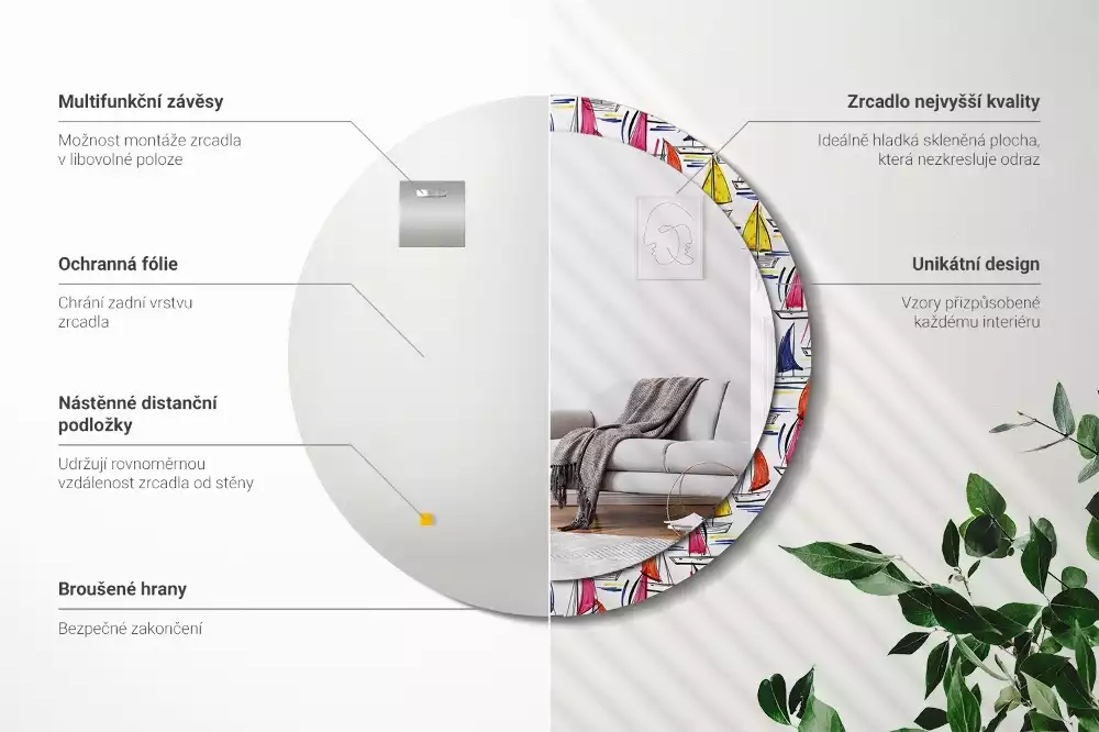 Oglindă rotundă ramă cu imprimeu Bărci colorate