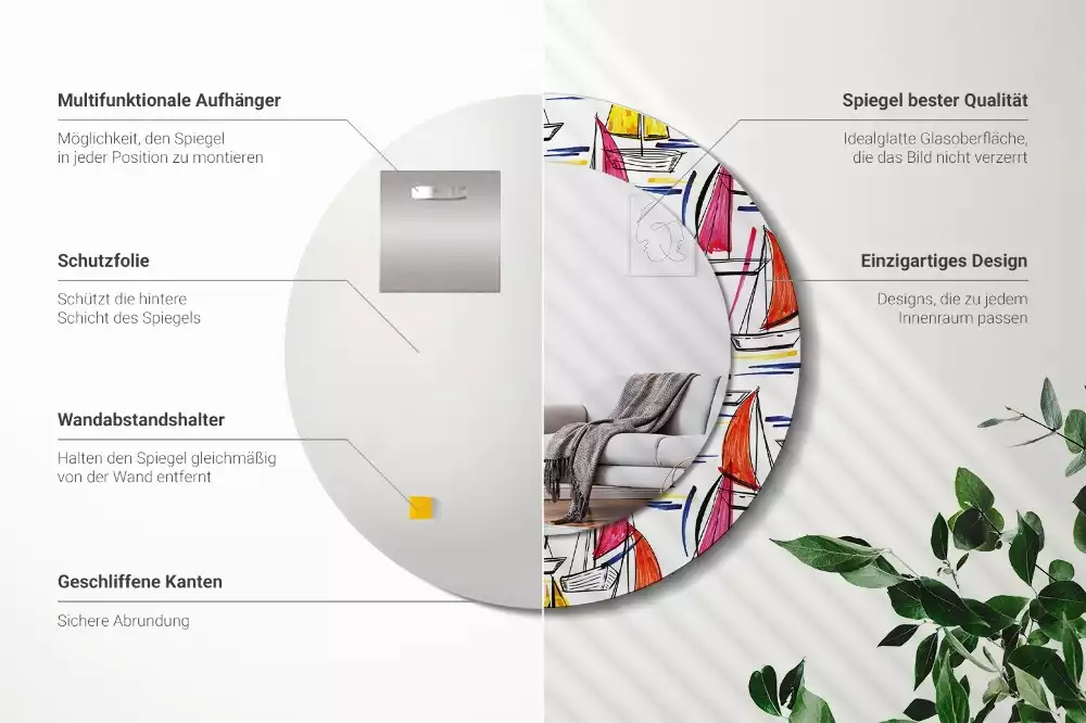 Oglindă rotundă ramă cu imprimeu Bărci colorate