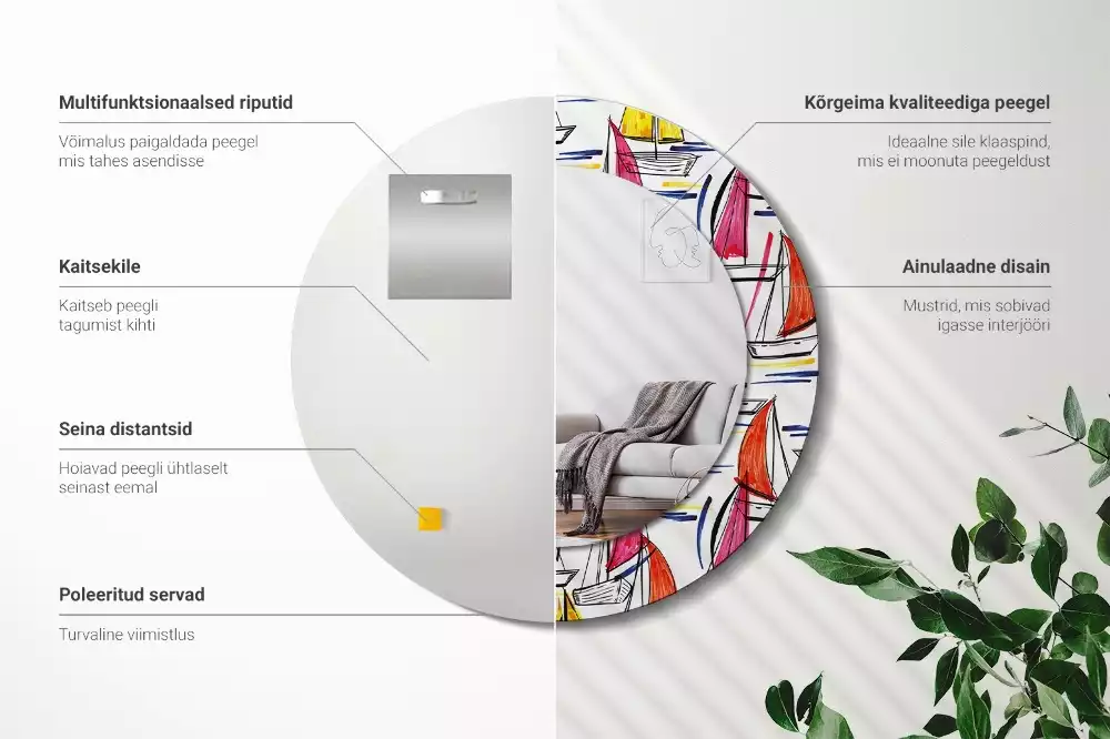 Oglindă rotundă ramă cu imprimeu Bărci colorate