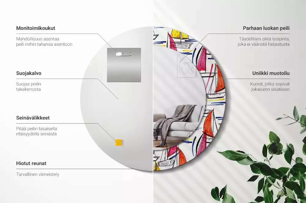 Oglindă rotundă ramă cu imprimeu Bărci colorate