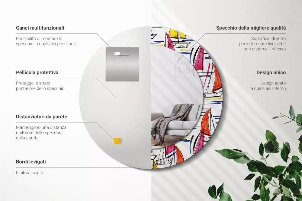 Oglindă rotundă ramă cu imprimeu Bărci colorate