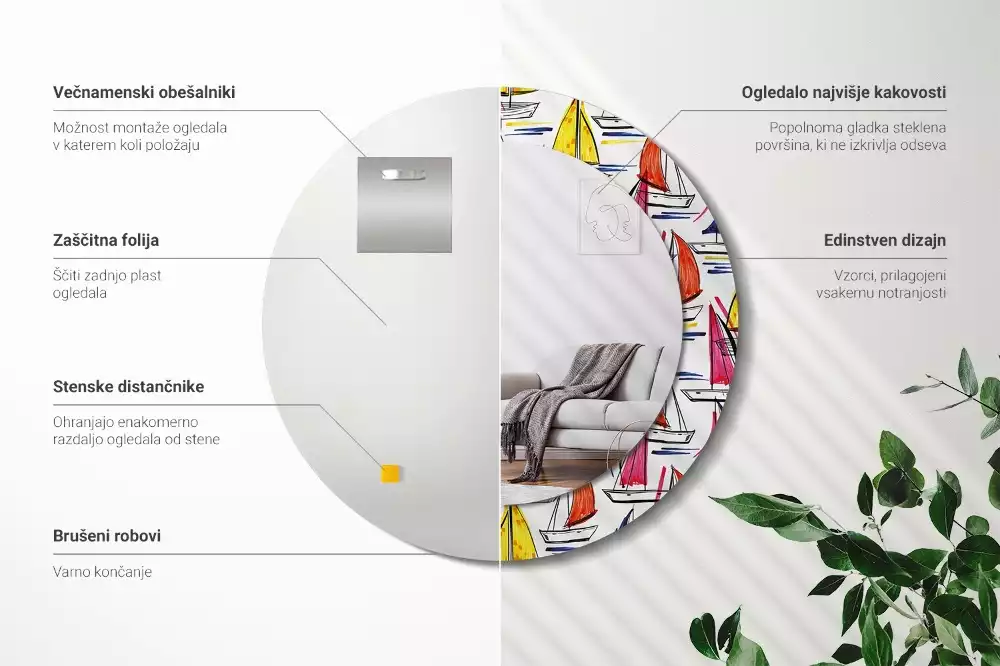 Oglindă rotundă ramă cu imprimeu Bărci colorate