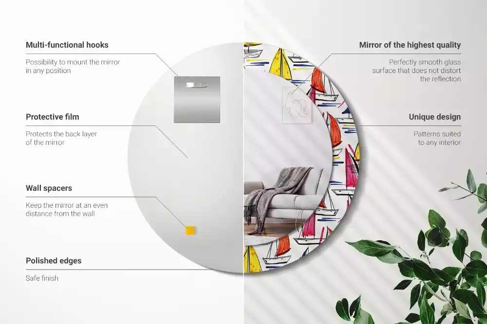 Oglindă rotundă ramă cu imprimeu Bărci colorate