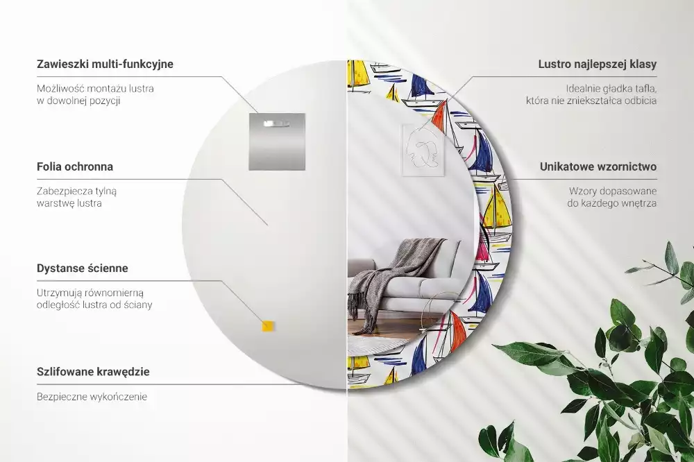 Oglindă rotundă ramă cu imprimeu Bărci colorate