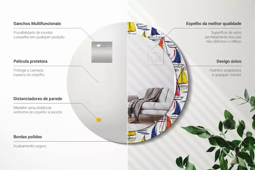 Oglindă rotundă ramă cu imprimeu Bărci colorate