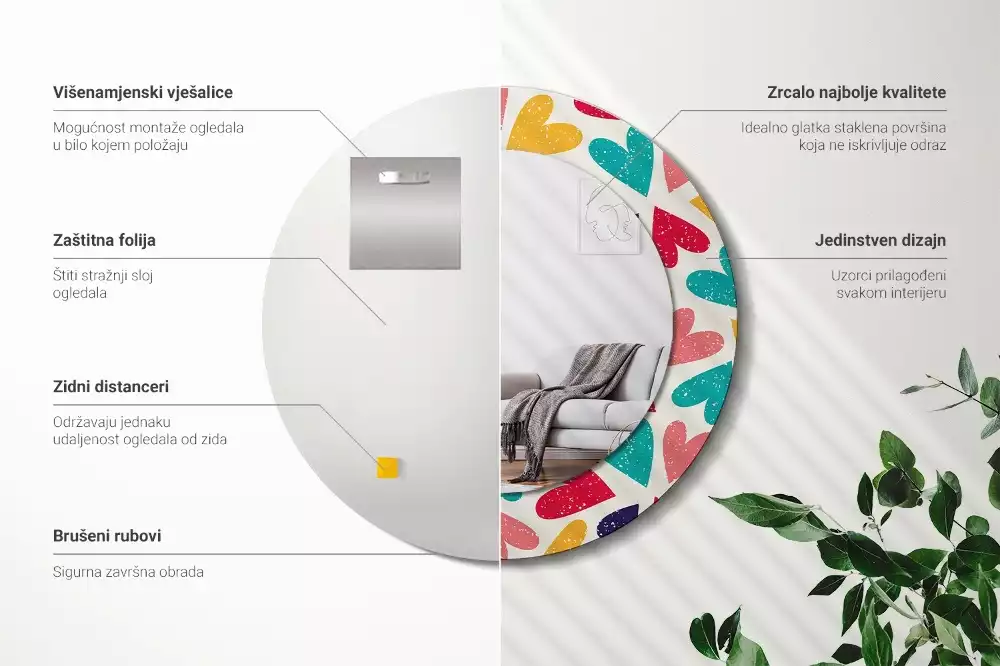 Oglindă cu decor rotundă Inimi colorate