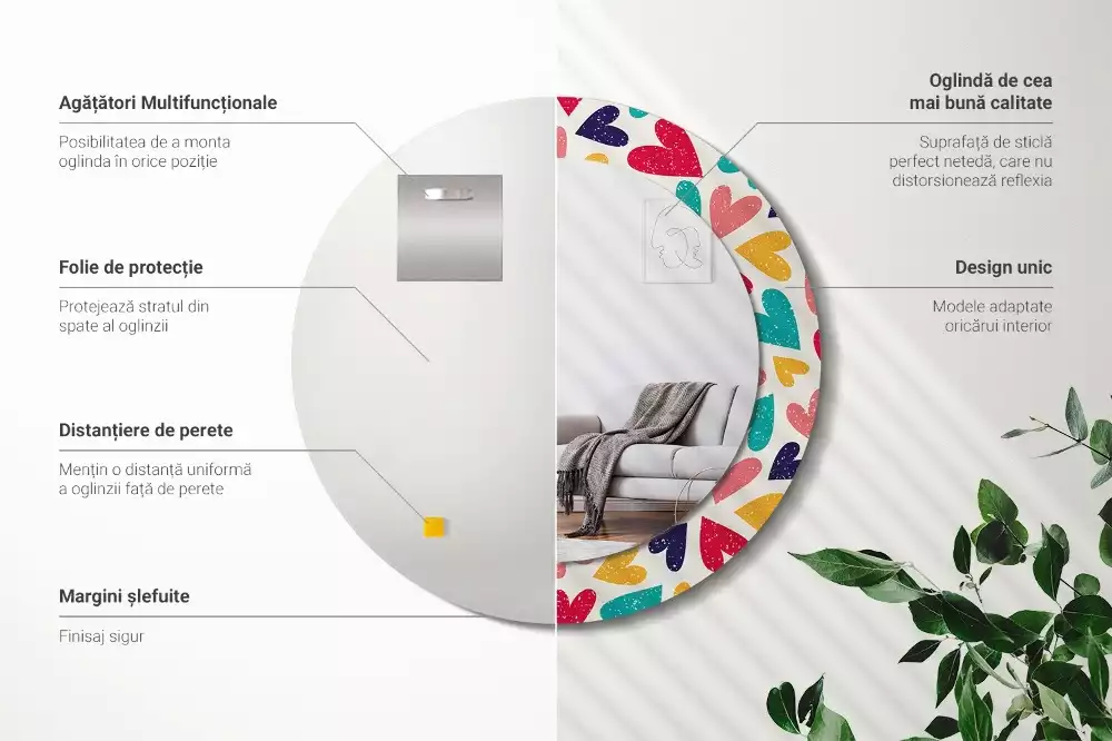 Oglindă cu decor rotundă Inimi colorate