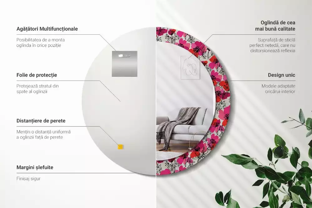 Oglindă rotundă ramă cu imprimeu Macuri roz